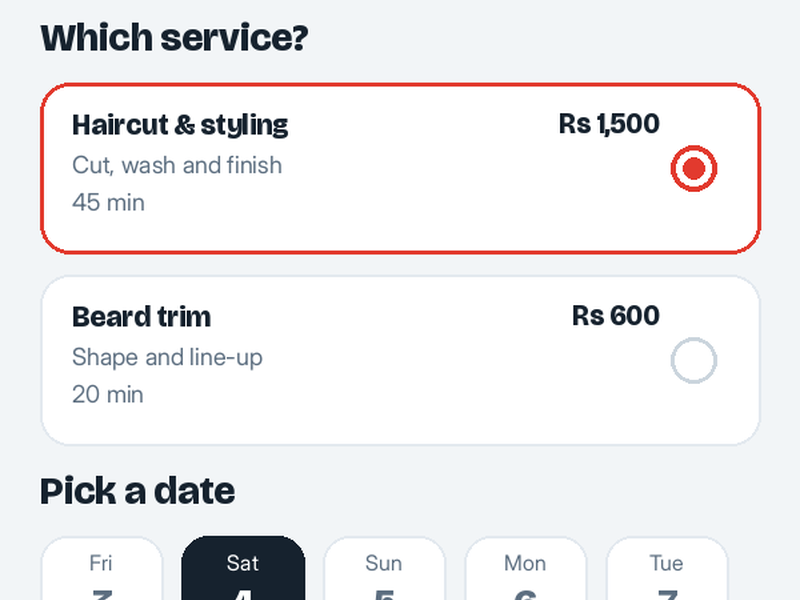 NearbyOrders app: booking flow with service options, date and time pickers